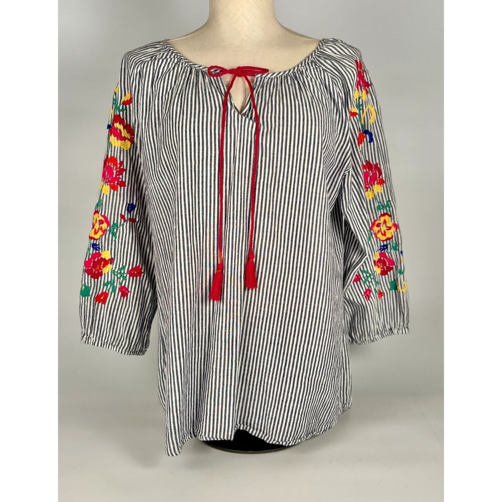 Westport Boho Peasant Top Embroidered Shirt Smocked MEDIUM Boho Linen Cotton